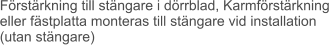 Förstärkning till stängare i dörrblad, Karmförstärkning eller fästplatta monteras till stängare vid installation (utan stängare)