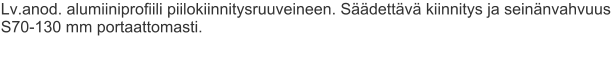 Lv.anod. alumiiniprofiili piilokiinnitysruuveineen. Säädettävä kiinnitys ja seinänvahvuus S70-130 mm portaattomasti.