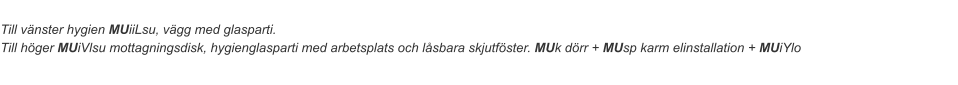 Till vänster hygien MUiiLsu, vägg med glasparti.  Till höger MUiVlsu mottagningsdisk, hygienglasparti med arbetsplats och låsbara skjutföster. MUk dörr + MUsp karm elinstallation + MUiYlo