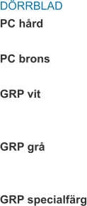DÖRRBLAD PC hård  PC brons  GRP vit   GRP grå   GRP specialfärg