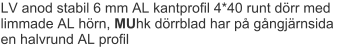 LV anod stabil 6 mm AL kantprofil 4*40 runt dörr med limmade AL hörn, MUhk dörrblad har på gångjärnsida en halvrund AL profil