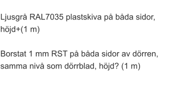 Ljusgrå RAL7035 plastskiva på båda sidor,  höjd+(1 m)  Borstat 1 mm RST på båda sidor av dörren,  samma nivå som dörrblad, höjd? (1 m)