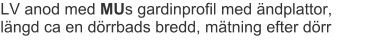 LV anod med MUs gardinprofil med ändplattor, längd ca en dörrbads bredd, mätning efter dörr