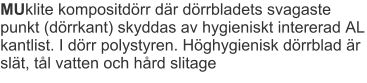 MUklite kompositdörr där dörrbladets svagaste punkt (dörrkant) skyddas av hygieniskt intererad AL kantlist. I dörr polystyren. Höghygienisk dörrblad är slät, tål vatten och hård slitage