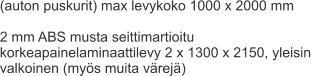(auton puskurit) max levykoko 1000 x 2000 mm  2 mm ABS musta seittimartioitu korkeapainelaminaattilevy 2 x 1300 x 2150, yleisin  valkoinen (myös muita värejä)