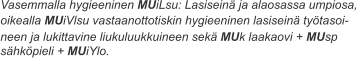 Vasemmalla hygieeninen MUiLsu: Lasiseinä ja alaosassa umpiosa,  oikealla MUiVlsu vastaanottotiskin hygieeninen lasiseinä työtasoi- neen ja lukittavine liukuluukkuineen sekä MUk laakaovi + MUsp  sähköpieli + MUiYlo.