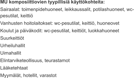 MU komposiittiovien tyypillisiä käyttökohteita: Sairaalat: toimenpidehuoneet, leikkaussalit, potilashuoneet, wc-pesutilat, keittiö Vanhusten hoitolaitokset: wc-pesutilat, keittiö, huoneovet Koulut ja päiväkodit: wc-pesutilat, keittiöt, luokkahuoneet Suurkeittiöt Urheiluhallit Uimahallit Elintarviketeollisuus, teurastamot Lääketehtaat Myymälät, hotellit, varastot