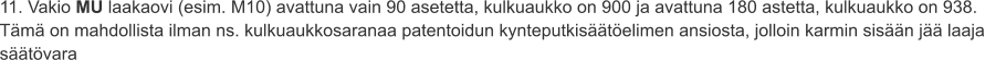 11. Vakio MU laakaovi (esim. M10) avattuna vain 90 asetetta, kulkuaukko on 900 ja avattuna 180 astetta, kulkuaukko on 938. Tämä on mahdollista ilman ns. kulkuaukkosaranaa patentoidun kynteputkisäätöelimen ansiosta, jolloin karmin sisään jää laaja säätövara