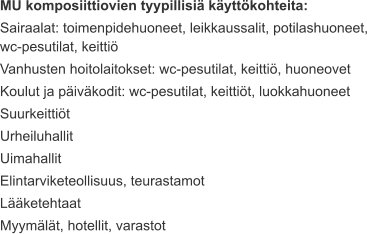 MU komposiittiovien tyypillisiä käyttökohteita: Sairaalat: toimenpidehuoneet, leikkaussalit, potilashuoneet, wc-pesutilat, keittiö Vanhusten hoitolaitokset: wc-pesutilat, keittiö, huoneovet Koulut ja päiväkodit: wc-pesutilat, keittiöt, luokkahuoneet Suurkeittiöt Urheiluhallit Uimahallit Elintarviketeollisuus, teurastamot Lääketehtaat Myymälät, hotellit, varastot
