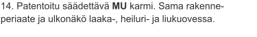 14. Patentoitu säädettävä MU karmi. Sama rakenne-periaate ja ulkonäkö laaka-, heiluri- ja liukuovessa.