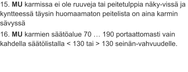 15. MU karmissa ei ole ruuveja tai peitetulppia näky-vissä ja kyntteessä täysin huomaamaton peitelista on aina karmin sävyssä 16. MU karmien säätöalue 70 … 190 portaattomasti vain kahdella säätölistalla < 130 tai > 130 seinän-vahvuudelle.