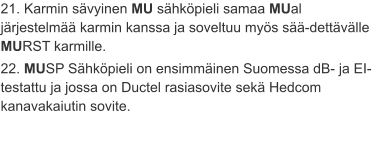 21. Karmin sävyinen MU sähköpieli samaa MUal järjestelmää karmin kanssa ja soveltuu myös sää-dettävälle MURST karmille. 22. MUSP Sähköpieli on ensimmäinen Suomessa dB- ja EI-testattu ja jossa on Ductel rasiasovite sekä Hedcom kanavakaiutin sovite.