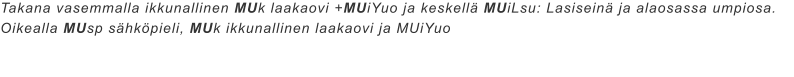 Takana vasemmalla ikkunallinen MUk laakaovi +MUiYuo ja keskellä MUiLsu: Lasiseinä ja alaosassa umpiosa. Oikealla MUsp sähköpieli, MUk ikkunallinen laakaovi ja MUiYuo