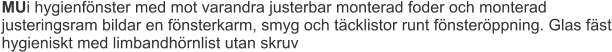 MUi hygienfönster med mot varandra justerbar monterad foder och monterad justeringsram bildar en fönsterkarm, smyg och täcklistor runt fönsteröppning. Glas fäst hygieniskt med limbandhörnlist utan skruv