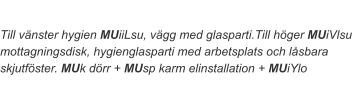 Till vänster hygien MUiiLsu, vägg med glasparti.Till höger MUiVlsu mottagningsdisk, hygienglasparti med arbetsplats och låsbara skjutföster. MUk dörr + MUsp karm elinstallation + MUiYlo