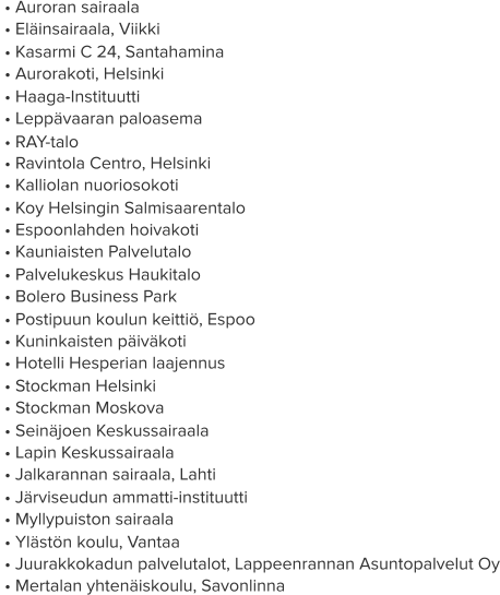 • Auroran sairaala  • Eläinsairaala, Viikki  • Kasarmi C 24, Santahamina   • Aurorakoti, Helsinki  • Haaga-Instituutti  • Leppävaaran paloasema  • RAY-talo  • Ravintola Centro, Helsinki  • Kalliolan nuoriosokoti  • Koy Helsingin Salmisaarentalo  • Espoonlahden hoivakoti  • Kauniaisten Palvelutalo  • Palvelukeskus Haukitalo  • Bolero Business Park  • Postipuun koulun keittiö, Espoo  • Kuninkaisten päiväkoti  • Hotelli Hesperian laajennus  • Stockman Helsinki  • Stockman Moskova  • Seinäjoen Keskussairaala  • Lapin Keskussairaala  • Jalkarannan sairaala, Lahti  • Järviseudun ammatti-instituutti  • Myllypuiston sairaala  • Ylästön koulu, Vantaa  • Juurakkokadun palvelutalot, Lappeenrannan Asuntopalvelut Oy  • Mertalan yhtenäiskoulu, Savonlinna