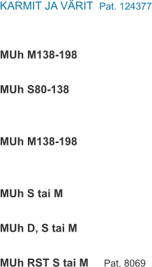 KARMIT JA VÄRIT  Pat. 124377   MUh M138-198  MUh S80-138   MUh M138-198   MUh S tai M  MUh D, S tai M  MUh RST S tai M     Pat. 8069