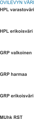 OVILEVYN VÄRI HPL varastoväri   HPL erikoisväri   GRP valkoinen   GRP harmaa   GRP erikoisväri   MUhk RST