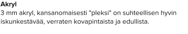 Akryl 3 mm akryl, kansanomaisesti "pleksi" on suhteellisen hyvin iskunkestävää, verraten kovapintaista ja edullista.