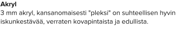 Akryl 3 mm akryl, kansanomaisesti "pleksi" on suhteellisen hyvin iskunkestävää, verraten kovapintaista ja edullista.