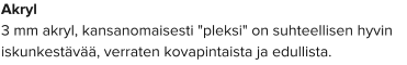 Akryl 3 mm akryl, kansanomaisesti "pleksi" on suhteellisen hyvin iskunkestävää, verraten kovapintaista ja edullista.