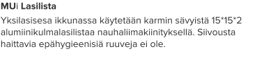 MUi Lasilista Yksilasisesa ikkunassa käytetään karmin sävyistä 15*15*2 alumiinikulmalasilistaa nauhaliimakiinityksellä. Siivousta haittavia epähygieenisiä ruuveja ei ole.