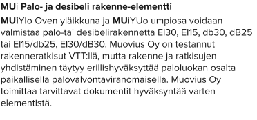 MUi Palo- ja desibeli rakenne-elementti MUiYIo Oven yläikkuna ja MUiYUo umpiosa voidaan valmistaa palo-tai desibelirakennetta EI30, EI15, db30, dB25 tai EI15/db25, EI30/dB30. Muovius Oy on testannut rakenneratkisut VTT:llä, mutta rakenne ja ratkisujen yhdistäminen täytyy erillishyväksyttää paloluokan osalta paikallisella palovalvontaviranomaisella. Muovius Oy toimittaa tarvittavat dokumentit hyväksyntää varten elementistä.