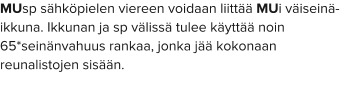 MUsp sähköpielen viereen voidaan liittää MUi väiseinä-ikkuna. Ikkunan ja sp välissä tulee käyttää noin 65*seinänvahuus rankaa, jonka jää kokonaan reunalistojen sisään.