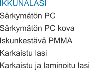 IKKUNALASI Särkymätön PC Särkymätön PC kova Iskunkestävä PMMA Karkaistu lasi Karkaistu ja laminoitu lasi