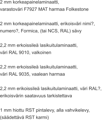 2 mm korkeapainelaminaatti,  varastoväri F7927 MAT harmaa Folkestone  2 mm korkeapainelaminaatti, erikoisväri nimi?,  numero?, Formica, (tai NCS, RAL) sävy  2,2 mm erkoissileä lasikuitulaminaatti,  väri RAL 9010, valkoinen  2,2 mm erkoissileä lasikuitulaminaatti,  väri RAL 9035, vaalean harmaa  2,2 mm erikoissileä lasikuitulaminaatti, väri RAL?,  erikoisvärin saatavuus tarkistettava  1 mm hiottu RST pintalevy, alla vahvikelevy,  (säädettävä RST karmi)