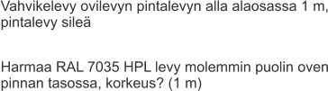 Vahvikelevy ovilevyn pintalevyn alla alaosassa 1 m, pintalevy sileä  Harmaa RAL 7035 HPL levy molemmin puolin oven pinnan tasossa, korkeus? (1 m)