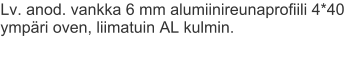 Lv. anod. vankka 6 mm alumiinireunaprofiili 4*40 ympäri oven, liimatuin AL kulmin.