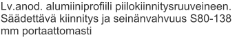 Lv.anod. alumiiniprofiili piilokiinnitysruuveineen. Säädettävä kiinnitys ja seinänvahvuus S80-138 mm portaattomasti