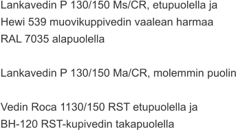 Lankavedin P 130/150 Ms/CR, etupuolella ja  Hewi 539 muovikuppivedin vaalean harmaa  RAL 7035 alapuolella  Lankavedin P 130/150 Ma/CR, molemmin puolin  Vedin Roca 1130/150 RST etupuolella ja  BH-120 RST-kupivedin takapuolella