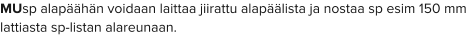 MUsp alapäähän voidaan laittaa jiirattu alapäälista ja nostaa sp esim 150 mm lattiasta sp-listan alareunaan.