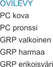 OVILEVY PC kova PC pronssi GRP valkoinen GRP harmaa GRP erikoisväri
