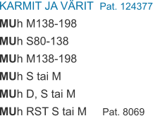 KARMIT JA VÄRIT  Pat. 124377 MUh M138-198 MUh S80-138 MUh M138-198 MUh S tai M MUh D, S tai M MUh RST S tai M     Pat. 8069