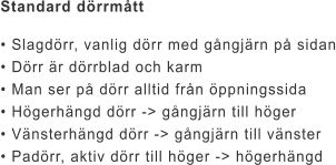Standard dörrmått • Slagdörr, vanlig dörr med gångjärn på sidan • Dörr är dörrblad och karm • Man ser på dörr alltid från öppningssida • Högerhängd dörr -> gångjärn till höger • Vänsterhängd dörr -> gångjärn till vänster • Padörr, aktiv dörr till höger -> högerhängd