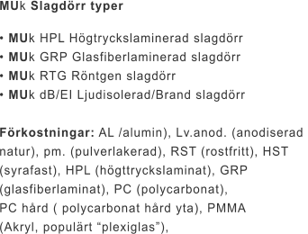 MUk Slagdörr typer • MUk HPL Högtryckslaminerad slagdörr • MUk GRP Glasfiberlaminerad slagdörr • MUk RTG Röntgen slagdörr • MUk dB/EI Ljudisolerad/Brand slagdörr  Förkostningar: AL /alumin), Lv.anod. (anodiserad  natur), pm. (pulverlakerad), RST (rostfritt), HST  (syrafast), HPL (högttryckslaminat), GRP  (glasfiberlaminat), PC (polycarbonat),  PC hård ( polycarbonat hård yta), PMMA  (Akryl, populärt “plexiglas”),